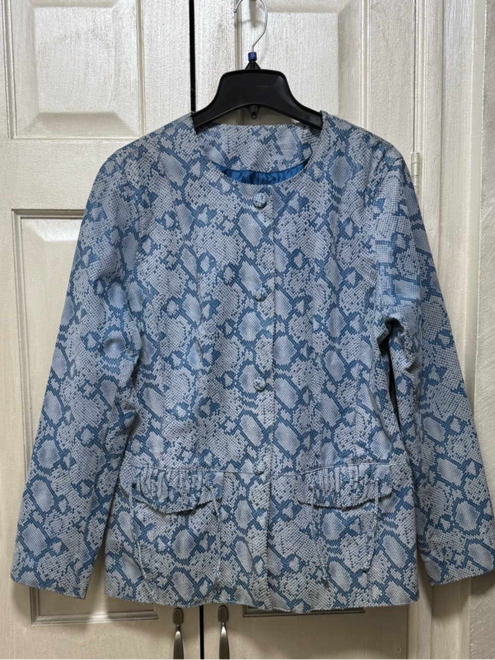 Chi by Falchi Blue/Black Leather Snake Print Long Sleeve Pockets Jacket Sz L